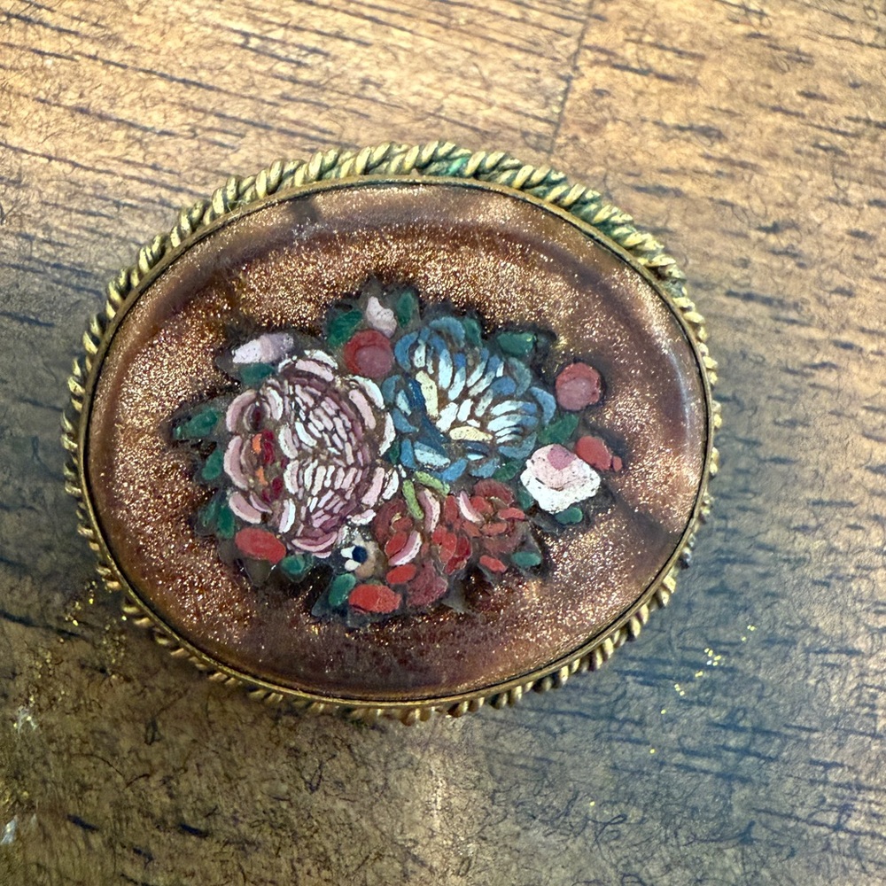 Vintage Floral Brooch with Gold Trim